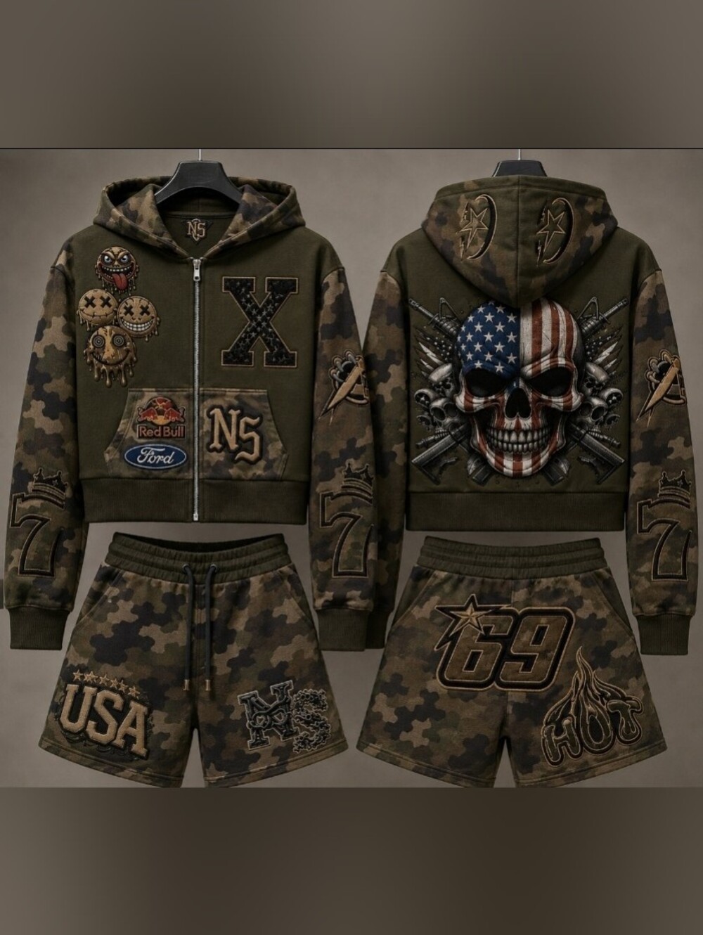 Men’s Olive Camo Zip-Up Hoodie with American Skull Graphic